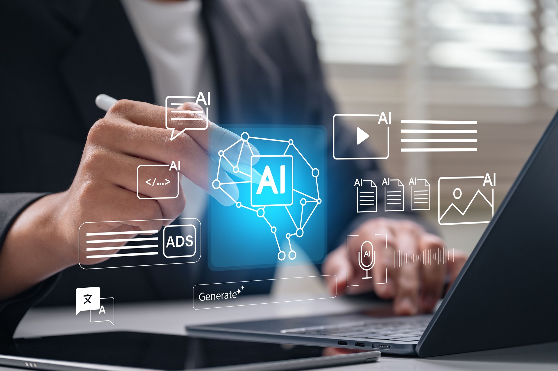 Génération de contenu IA pour les publicités et les visuels marketing dans un espace de travail moderne, montrant l’utilisateur créant du texte, du code et des médias à l’aide d’outils d’automatisation et de création pour les campagnes numé